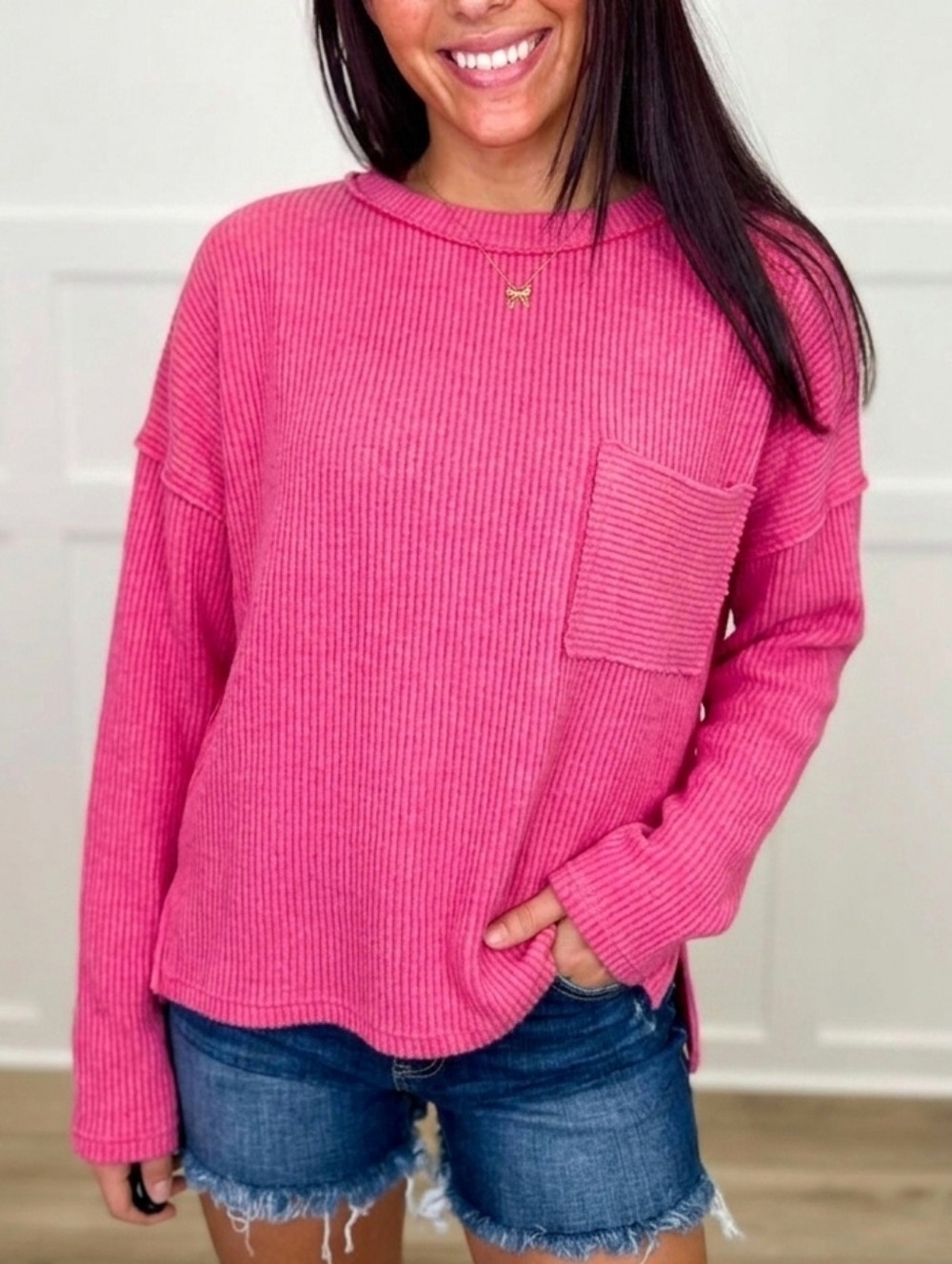 Zenana Bright Pink Oversized Long Sleeve Top